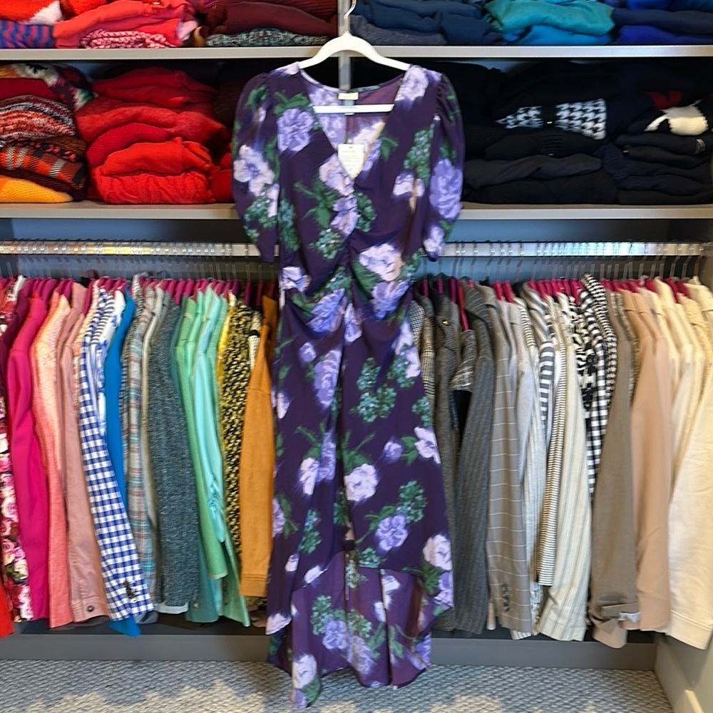 A New Day purple/green floral 1/2 puff sleeve ruched high low midi dress S NWT